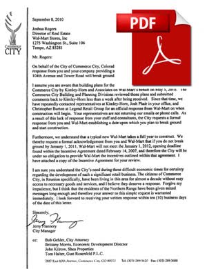 Commerce City Letter to Walmart regarding Northern Range Store CLICK PDF BELOW