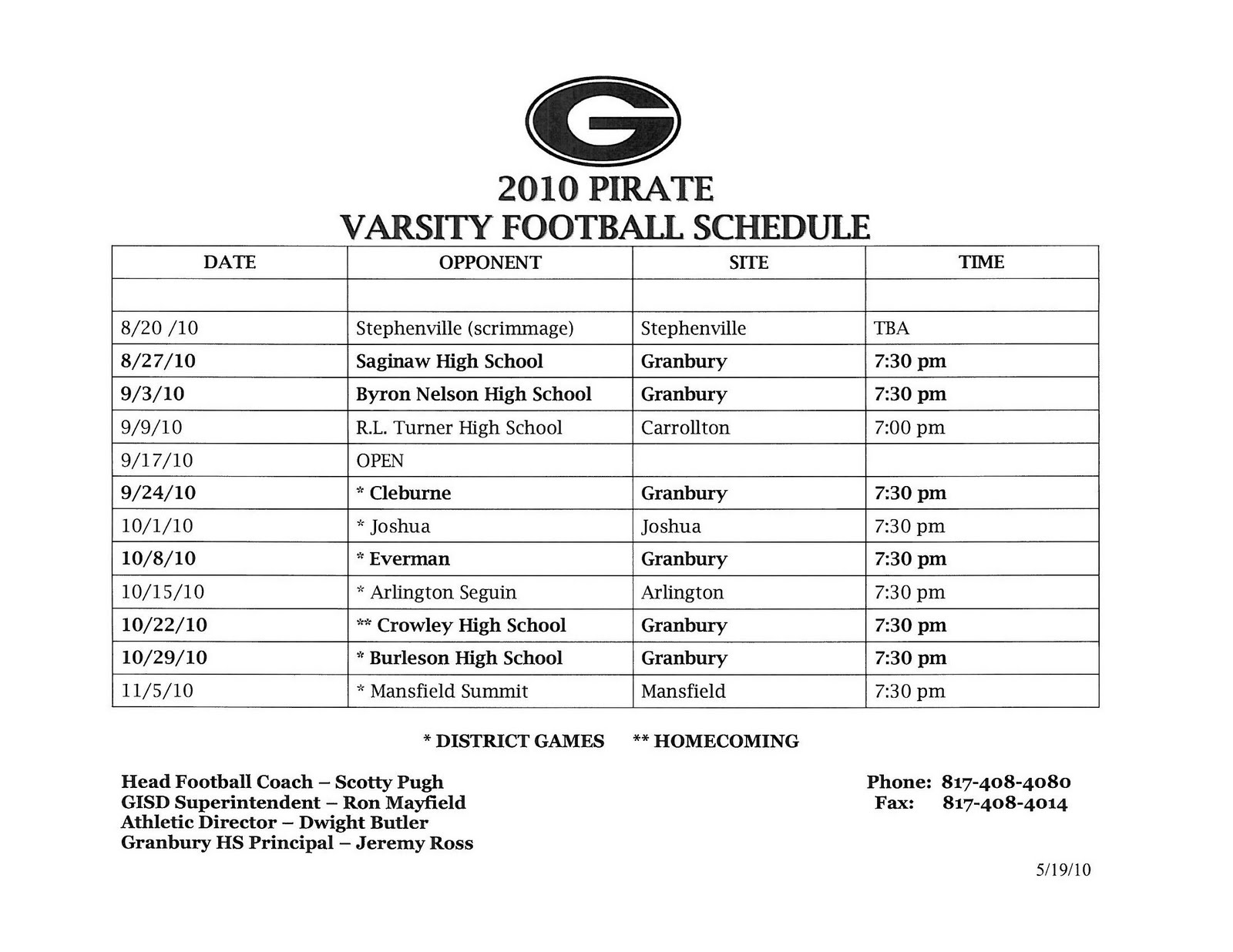 I Love Granbury Granbury High School Football Schedule 2010 I Love Granbury Granbury High School Football Schedule 2010