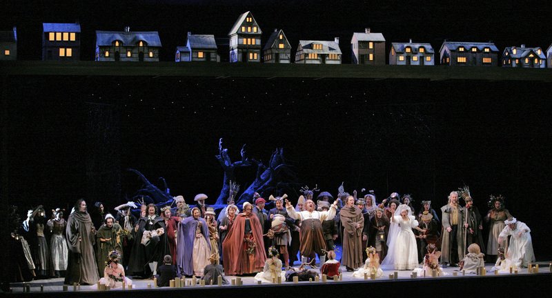 Full cast in Act III, scene 2 (Tutto nel mondo è burla) of Falstaff, Santa Fe Opera, 2008 (photo © Ken Howard)