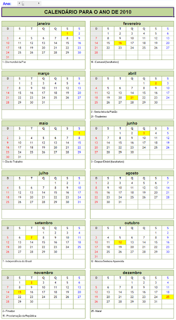 Calendário, Excel, 2013