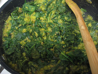Indian winter greens with split peas, adapted from the Complete Book of Indian Cooking by Suneeta Vaswani