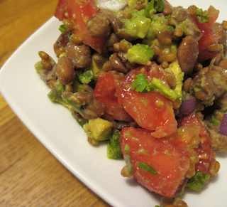 pinto bean, avocado, tomato, and wheat berry salad adapted from Kalyn's Kitchen and elliemay.com