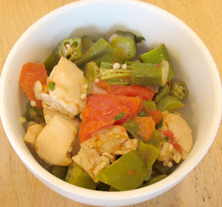 Okra, chicken, and tomato saute, adapted from Food Blogga