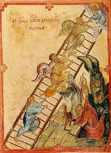 Ladder to "Christian moral perfection" with Christ pulling souls into heaven by wrist grip.