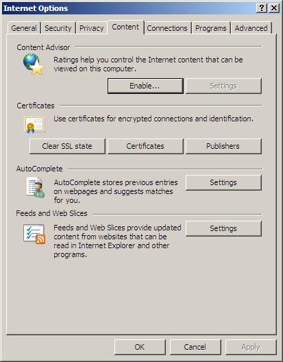 screenshot central: Internet Explorer 8 Options screenshot