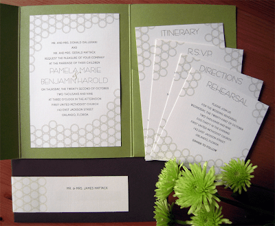 Their invitation is mounted inside of an apple green holder with contrasting