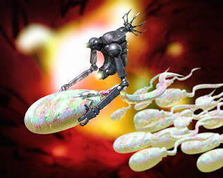 शुक्राणु को अंडाणु की ओर ले जाते चिकित्सकीय नैनोरोबो का एक कल्पनाचित्र