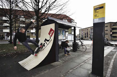 This bus stop allows skaters to go on a mini ramp attached to a bus stop, it's a Quiksilver ad