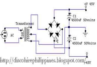 The circuit schematic diagram show the amplifier power supply layout