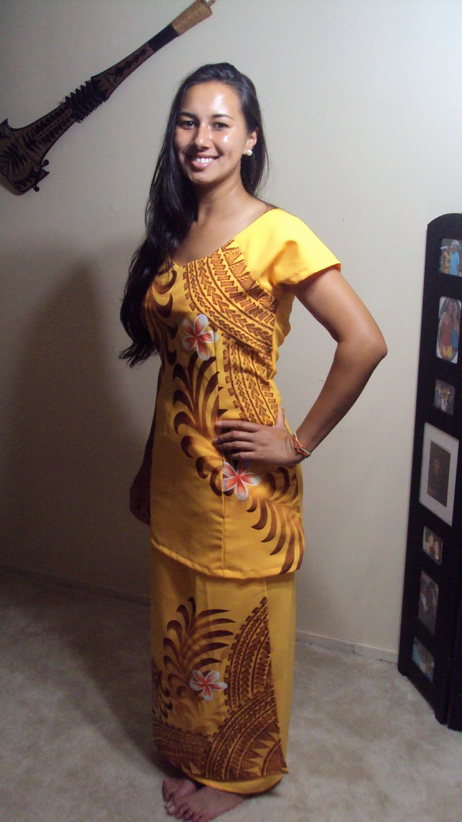 Marial's Island Fashion: Yellow Puletasi with Brown handpainted design