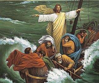 Jesus Christ with twelve apostles in the sea calming the sea storm with hands Beautiful color picture