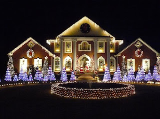 Duplex house Christmas Outside decoration with lighting and blue lighting to Christmas tree in line in front of the house free download Christmas(X-mas) Christian decorating ideas pictures and Nativity coloring pages free download