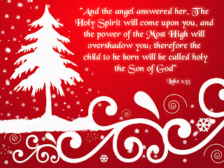 Beautiful snow background design of Christmas tree with Luke 1:35 Christmas bible verse photo about Son of God free Christian images download