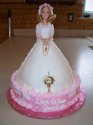Barbie doll dress cake in a first communion dress