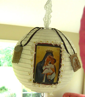 Paper lantern with image of Our Lady of Mt. Carmel and scapular squares