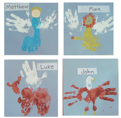 Handprint art of symbols for Matthew, Mark, Luke, and John