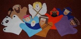 Hand puppets of nativity characters.