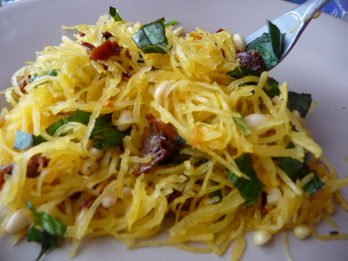 Spaghetti squash with fresh basil, sundried tomatoes and pinenuts