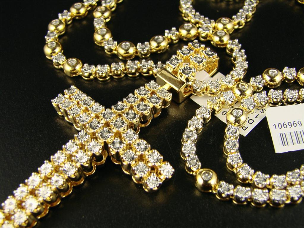new_york_jewels: 2 ROW MENS REAL DIAMOND CROSS + 1 ROW DIAMOND CHAIN 34
