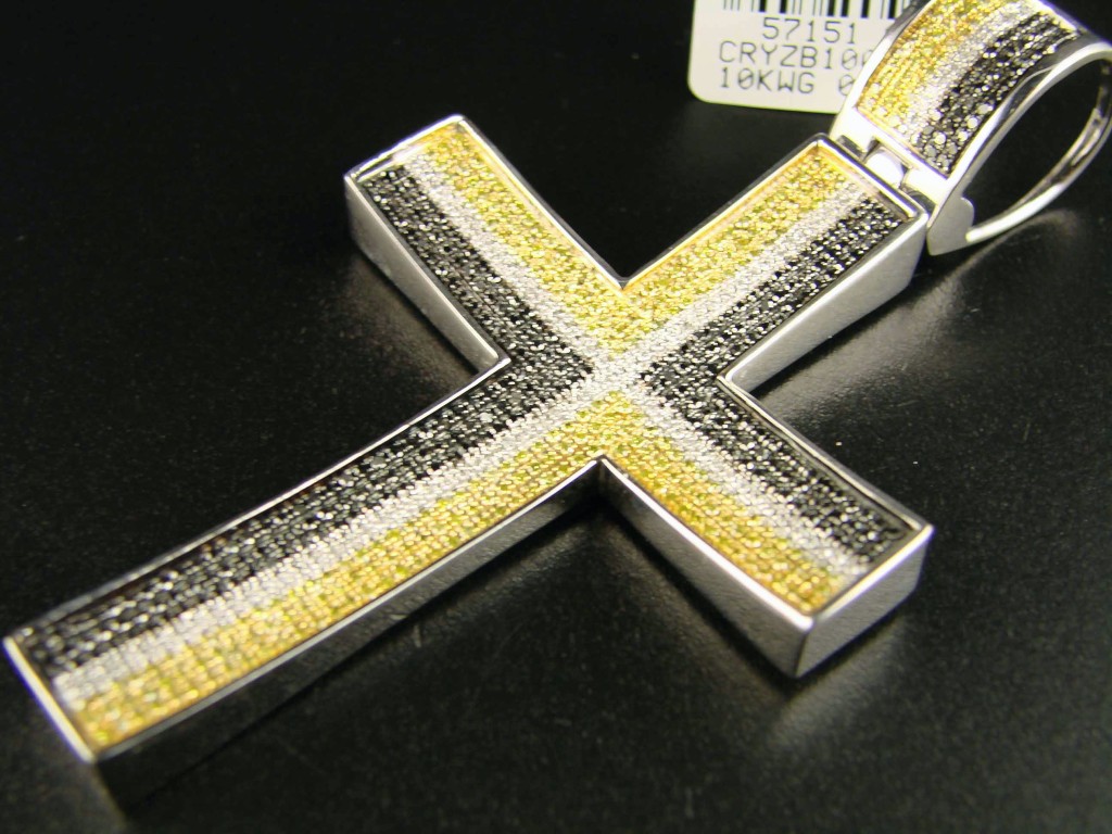 new_york_jewels MENS 10K WHITE GOLD MULTI COLOR DIAMOND CROSS 2.65 CT