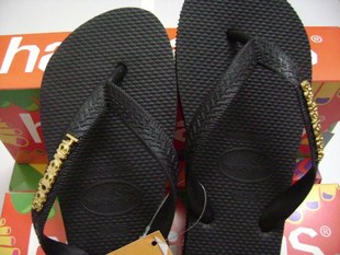WOMENS LADIES HAVAIANAS SLIM LOGO METALLIC LOGO BLACK GOLDEN FLIP FLOP SIZE 3-4- | eBay