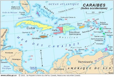 Carte de l'archipel des Caraïbes : localisation des petites Antilles et des Grandes Antilles, dans la mer des Caraïbes.