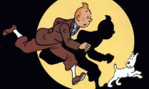 a color drawing of Tintin and Snowy