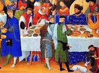 color photo of a detail from a painting of Medieval feasting