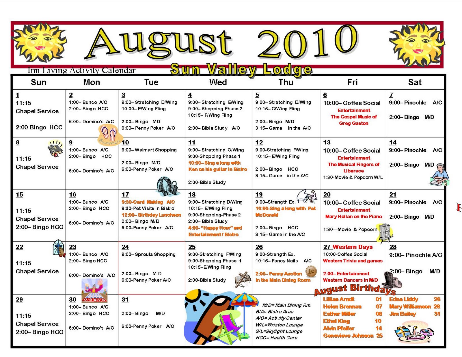 August Assisted Livingindpependent Living Activities Calendar