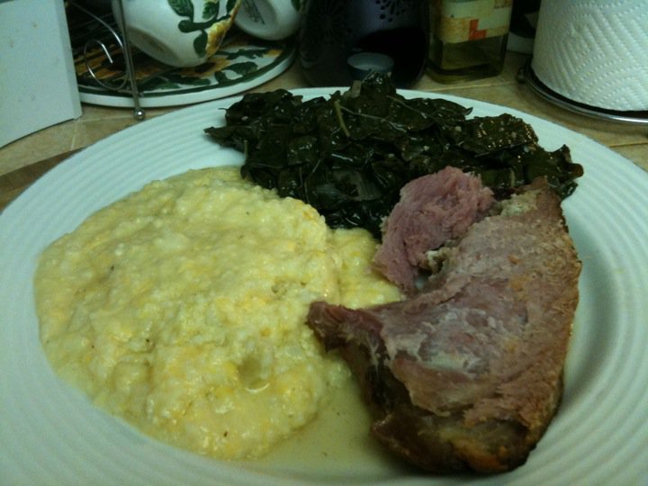 Ham, Cheese Grits and Collard Greens