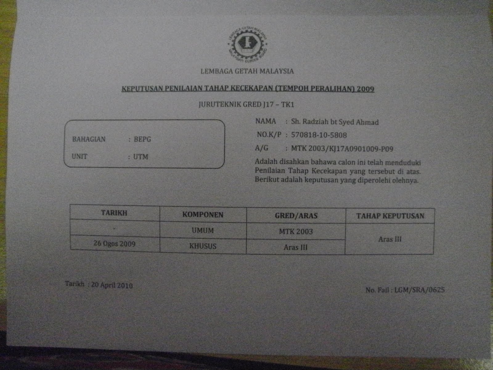 Keputusan Peperiksaan PTK 2009