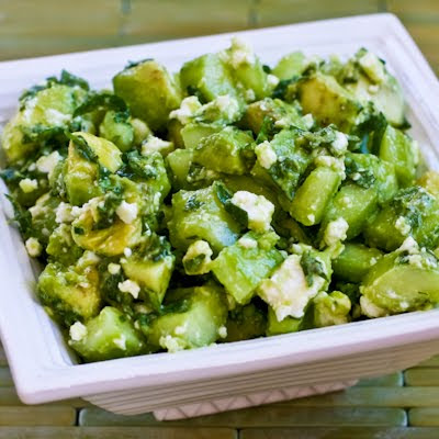 Cucumber and Avocado Salad Recipe with Lime, Mint, and Feta found on KalynsKitchen.com