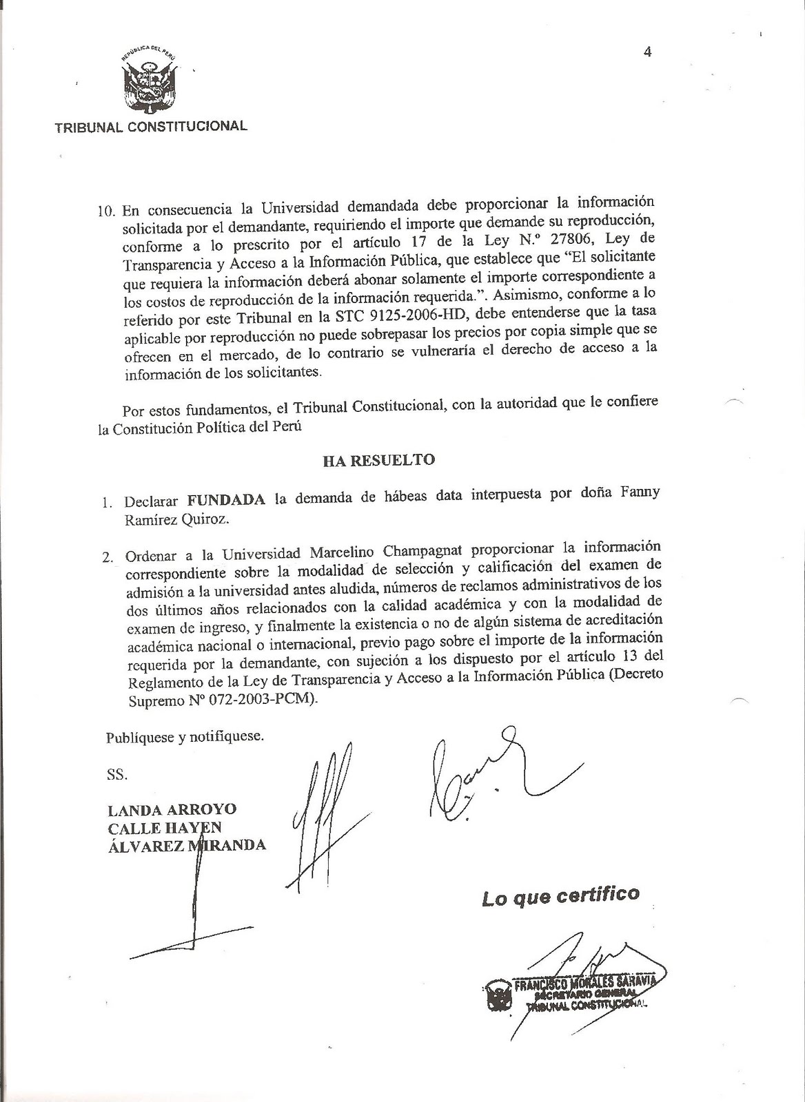 DEMOCRACIA PERUANA: SENTENCIA DEL TRIBUNAL CONSTITUCIONAL SOBRE HABEAS DATA