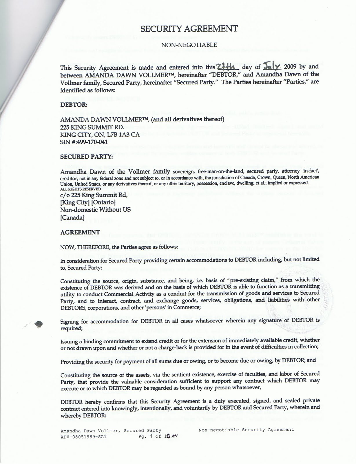 Public Notice NONNEGOTIABLE SECURITY AGREEMENT