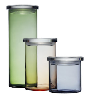 3 glass canisters, different sizes, pastel colors