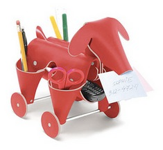 desk organizer in red leather, dog shaped