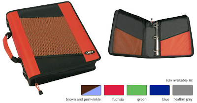 zippered ring binder, open and closed - color options also shown