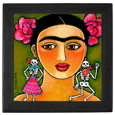 keepsake box with picture of Frida Kahlo with Day of the Dead earrings