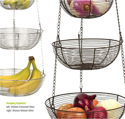 hanging wire baskets with fruit, onions, etc.