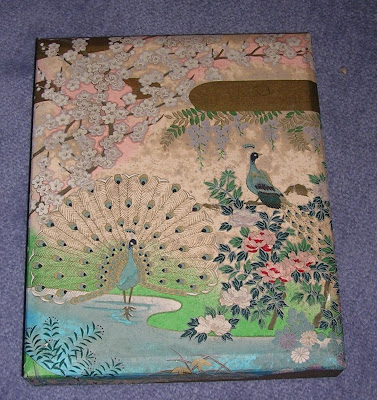 box made with handmade paper - with peacock, flowers, etc.