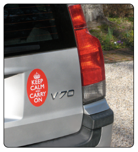 Keeo Calm and Carry On bumper sticker, on car