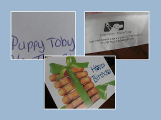 Layout of 3 photos - first one says Puppy - Toby, second one shows the return address label (which is Southeastern Guide Dogs), the third picture is of the front of the birthday card - it has 6 milk bone dog treats stacked up & tied with green ribbon, and to the side is says Happy Birthday, both A's are paw prints