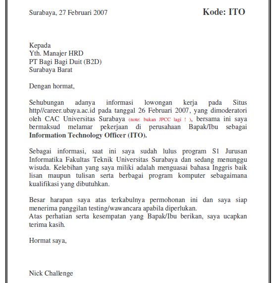 Contoh Surat Lamaran Kerja Via Online