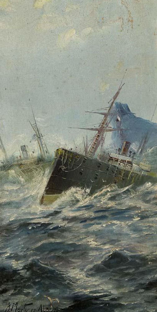 Batalla en el mar Batalla en el mar, Barco en el puerto, Juan Martínez Abades, Pintor español, Paisajes de Juan Martínez Abades, Pintor Martínez Abades, Pintores españoles, Pintores Asturianos, Martínez Abades