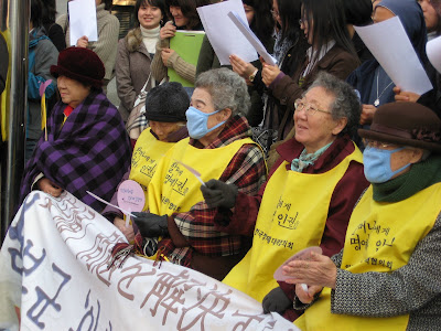 Close up of comfort women at protest