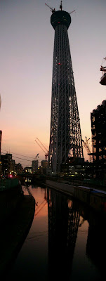 京成橋から見た建設中(398m)の東京スカイツリーの縦パノラマ