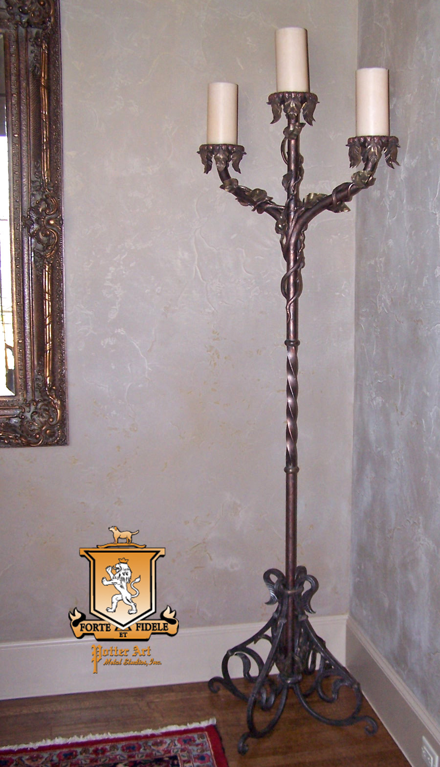 Potter Art Metal Studios Wrought Iron and Copper Floor Stand Candelabra