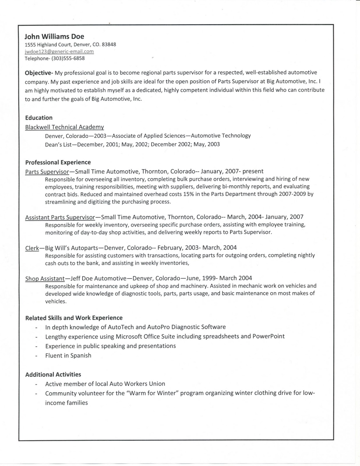 Union business agent resume