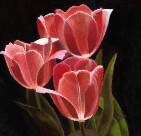 Dennis Crayon Oil Paintings Contemporary Realism: Red Tulips 8 x 8