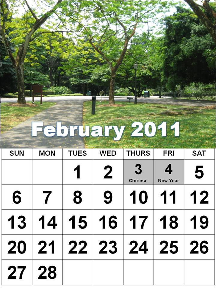  these Free Singapore Monthly Calendars 2011 February with Holidays: